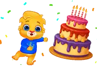 a cartoon character is standing next to a birthday cake with candles on it