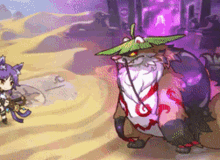a cartoon of a fox wearing a green hat and a purple background