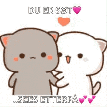 a couple of cartoon cats standing next to each other with a heart above them .