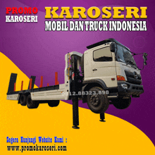 an advertisement for karoseri mobil dan truck indonesia shows a white truck on a yellow and purple background