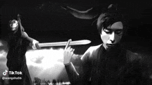 a black and white drawing of a man holding a sword with a tiktok watermark