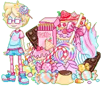 a pixel art of a girl standing next to a pile of pocky candy