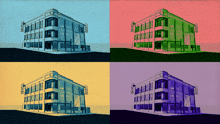 four different colored drawings of a building with the letter s on the top left