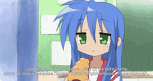 a cartoon of a girl with blue hair and green eyes says would you by any chance