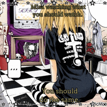 a girl in a black shirt is sitting in front of a tv with the words " misa watching what you should watch "