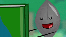 a cartoon character holding a green book and smiling