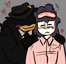 a drawing of a man in a suit and hat hugging a girl in a pink shirt
