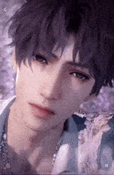 a close up of a young man with purple hair and a necklace .