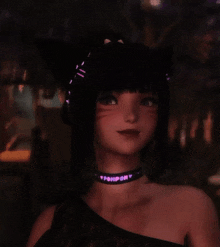 a girl wearing a purple choker that says ponpon on it