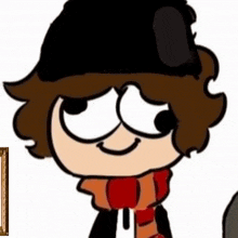 a cartoon character with brown hair and a black hat and scarf is smiling .
