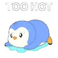a cartoon penguin is laying on the ground with the words too hot behind it