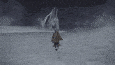 a person standing in a snowy field with a dragon behind them