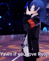 a man in a suit is covering his face with his hands and the words yawn if you love ryoji