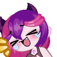 a cartoon drawing of a girl with purple hair and a s on her neck