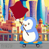 a penguin on a skateboard holding a flag with the word pengu on the bottom right