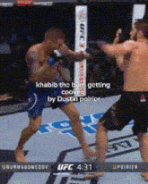 two men are fighting in a ufc ring and the caption says khabib the bum getting cooked