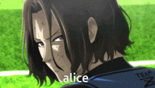 a close up of a person with the word alice on the bottom