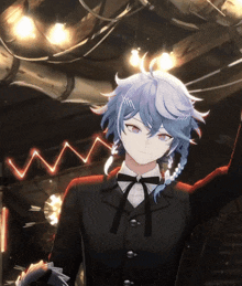 a anime character with blue hair and a black jacket