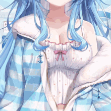 a girl with blue hair is wearing a blue and white striped dress