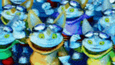 a group of cartoon cats wearing goggles are standing next to each other and smiling .