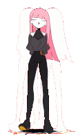 a drawing of a girl with pink hair and a letter e on her pants