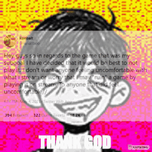 a black and white drawing of a boy with the words thank god on it