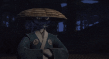 a cartoon character wearing a straw hat and a blue shirt