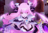 a girl with pink hair and red eyes is in a game