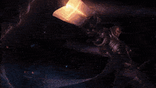 a painting of a man with a sword fighting a monster