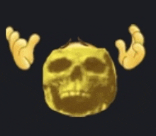 a cartoon skull with hands behind it on a black background