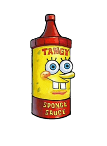 a bottle of tangy sponge sauce with a cartoon character on it