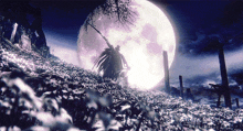 a person standing in front of a full moon with a sword in their hand