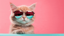 a cat wearing sunglasses is sitting on a table