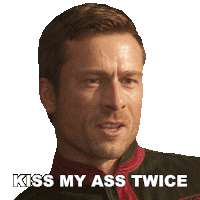 a man says kiss my ass twice while looking at the camera