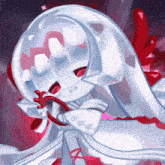 a white cartoon character with red eyes is holding a red heart