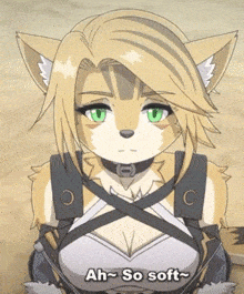 a furry anime character with green eyes and the words ah so soft below her
