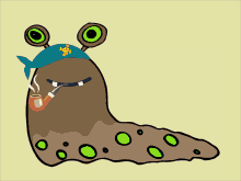 a cartoon drawing of a slug wearing a bandana and a pipe