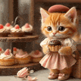 a cat in a pink dress holds a cupcake in front of a display of cupcakes