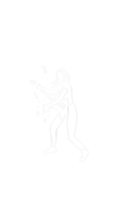 a black and white drawing of a person playing a guitar surrounded by musical notes