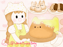 a cartoon drawing of a girl holding a cat shaped bread in front of a microwave