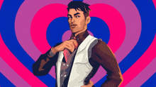 a man in a suit is standing in front of a pink and blue heart shaped background