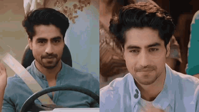 a man in a blue shirt is smiling and sitting in a car .