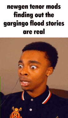 a young man with a surprised look on his face says newgen tenor mods finding out the gardingo flood stories are real .