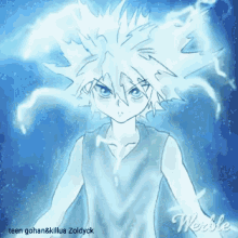 a drawing of a boy with white hair and the name weddle on the bottom