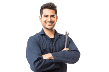 a man with his arms crossed is holding a wrench and smiling