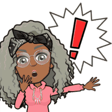 a cartoon of a girl with a surprised look on her face and a red exclamation point above her head