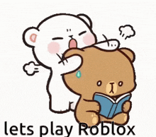 a white teddy bear is hugging a brown teddy bear who is holding a book and reading it .