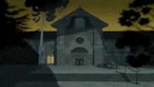 a cartoon drawing of a building with a tree in front of it at night .