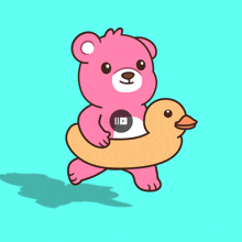a pink teddy bear carrying a yellow rubber duck float