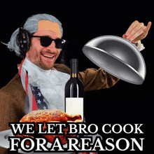 a man in a wig is holding a turkey and a bottle of wine